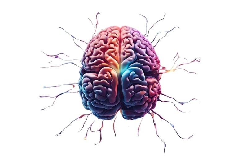 Representação artística de um cérebro humano com cores vibrantes,destacando áreas e conexões neurais