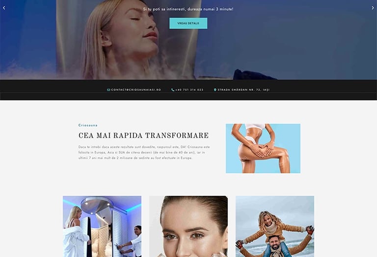 Home page website prototype designed for criosauna iasi, a business offering cryo therapy packages.