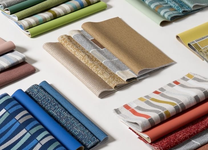A collection of colorful patterned textile swatches and fabric samples for interior design and upholstery.