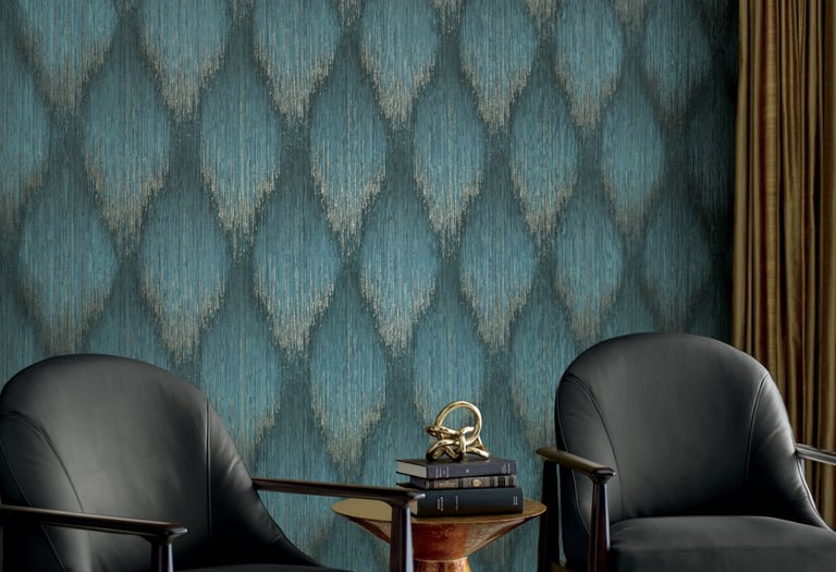 Modern living room featuring blue ikat textured wallpaper and two black leather armchairs.