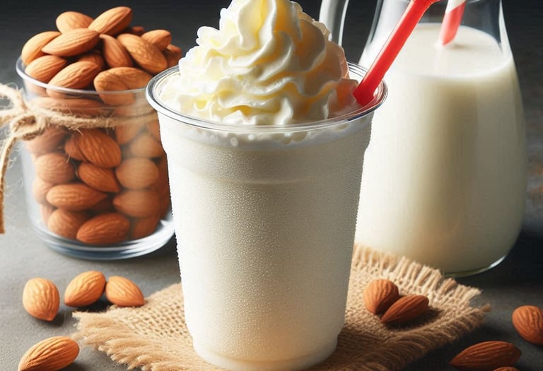a milkshake topped with whipped cream next to a cup of almonds