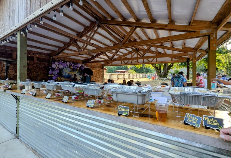Buffet line under an outdoor pavilion at a casual backyard party, featuring covered food trays, salads, and drinks.