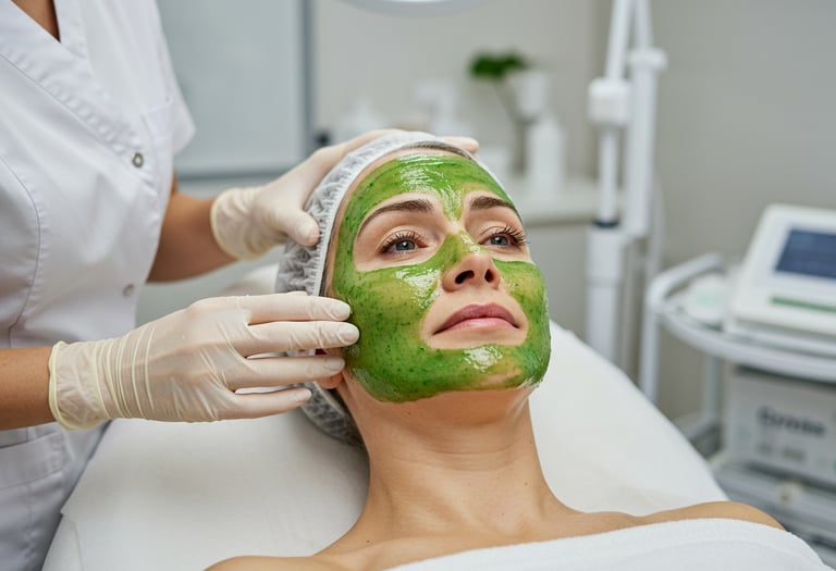 A woman receiving a green organic facial mask treatment at a professional skincare spa.
