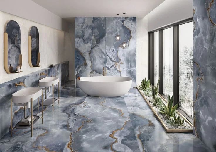 a bathroom with a tub tub and a large window