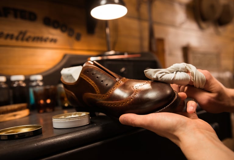 a person is cleaning a shoe with a cloth