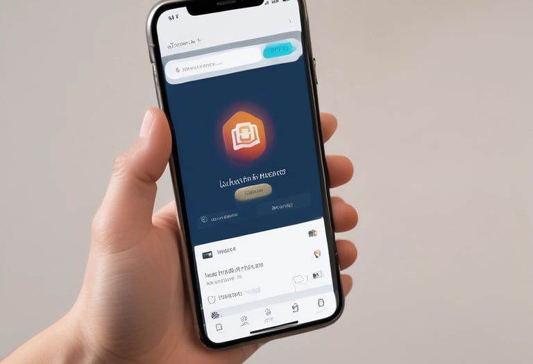 A two-story building with a yellow facade and blue shutters, featuring a real estate agency on the ground floor called Espaces Atypiques. A person is leaning out of an open window on the upper floor. There are parked cars in front of the building under a clear blue sky.