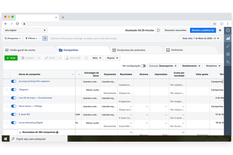 Visualização de interface de software de gestão de tráfego com colunas de métricas de performance