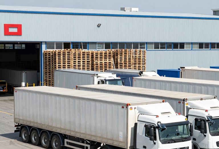 A delivery truck loaded with pallets ready to be shipped under a clear blue sky.
