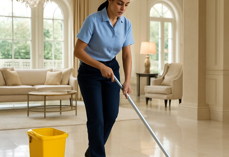 A professional cleaner in blue uniform carefully wiping down a large office floor.