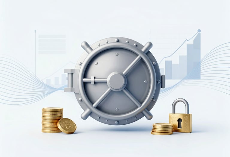 A secure silver bank vault door with gold coins and a padlock symbolizing financial safety and investment growth.