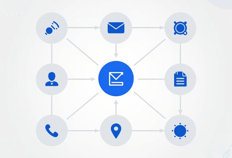 Digital communication network diagram showing email, location, and phone icons for connectivity.