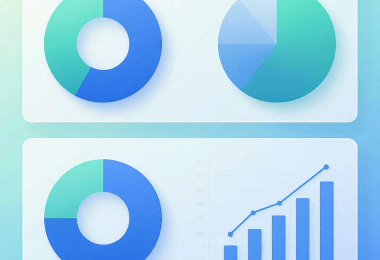 A collection of blue and teal data visualization charts, including donut, pie, and bar graphs.