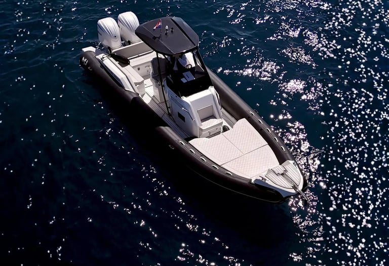 Aerial view of Nuova Jolly Prince 30 Exclusive boat ready for a private transfer from Split