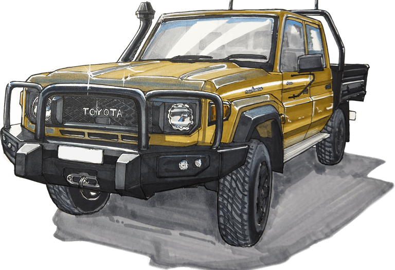 Hand-drawn illustration of a yellow Toyota Land 4x4 with a snorkel and bull bar.