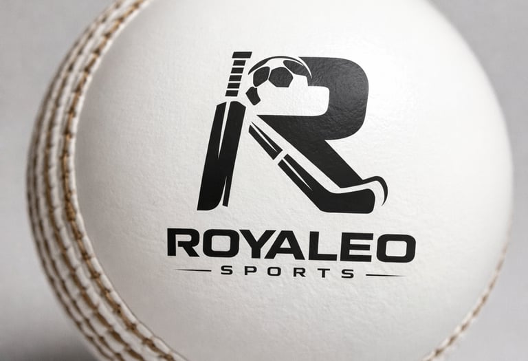 A white leather cricket ball featuring the Royaleo Sports logo with cricket, soccer, and hockey icons.