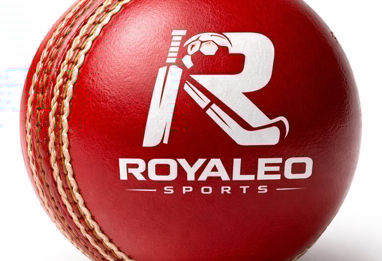 A shiny red Royaleo Sports cricket ball with a white logo and stitched seam on a white background.