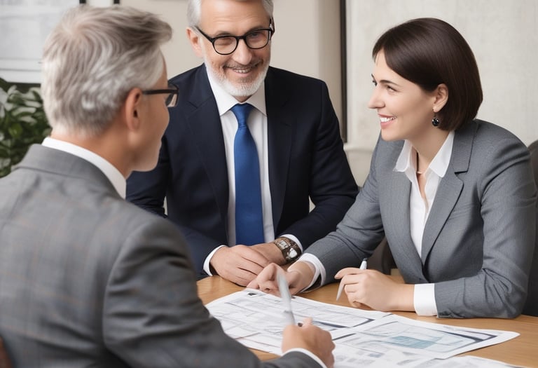 A professional financial advisor discussing strategies with clients in a modern office setting.