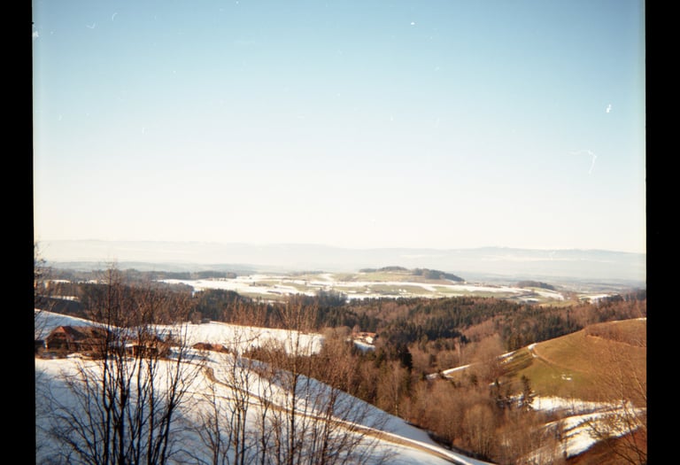 Blick auf sanfte Hügeln und verschneite Feldern unter strahlend blauem Himmel.