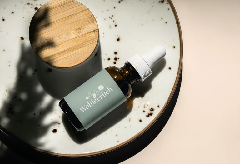 Eine Pipettenflasche aus Braunglasauf einem Keramikteller mit natürlichen Schatten.