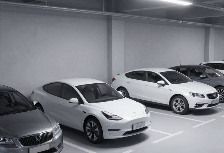 White Tesla electric car and several sedans parked in a bright, modern underground parking garage.