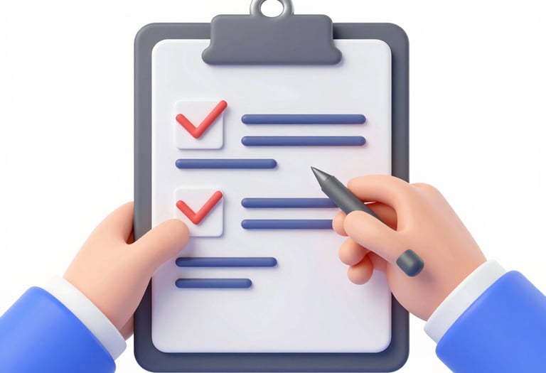 3D cartoon hands holding a clipboard with red checkmarks and a pen for task management.