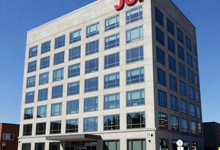 A modern office building with the JCI International logo prominently displayed on the facade.