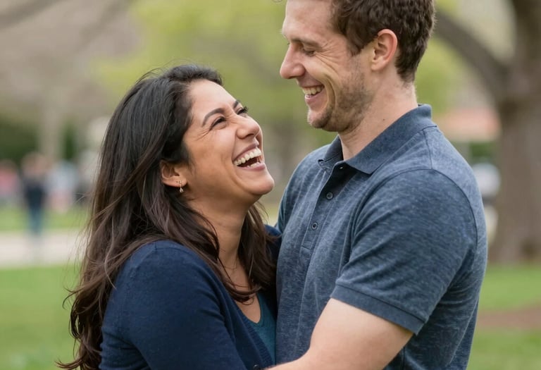 A candid portrait of a joyful couple laughing naturally during a golden hour outdoor shoot.