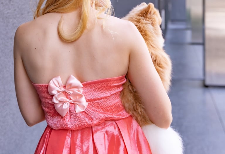An editorial-style shot from behind of a blonde woman in a coral dress holding a toy Pomeranian