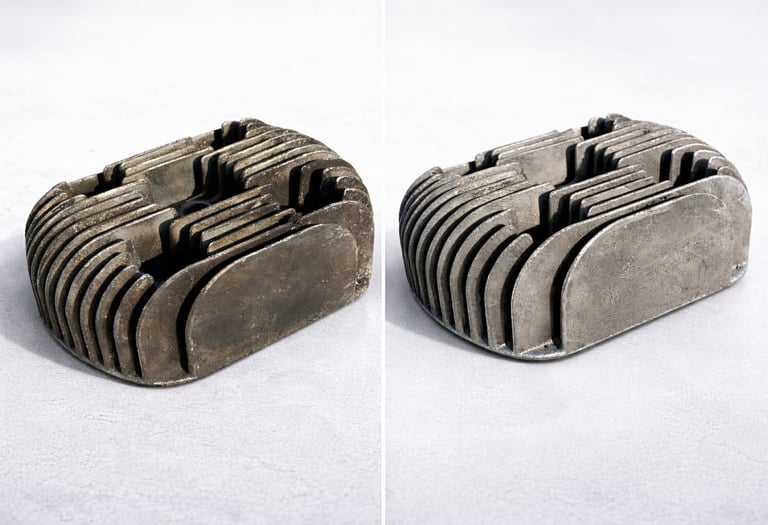 rozsdás és tisztított fém alkatrész összehasonlítása lézeres kezelés után