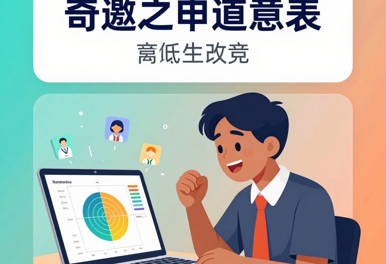 Illustration of a happy student engaging with a colorful self-assessment test on a tablet.