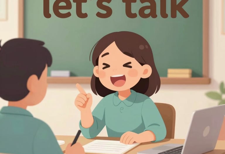 Illustration of a cheerful student chatting comfortably on a laptop in a cozy room.