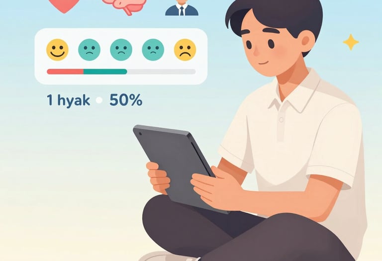 Friendly counselor icon with soft teal and coral accents, symbolizing support and care.