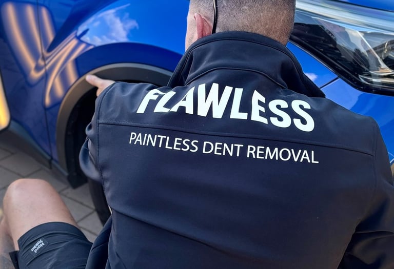 Professional technician performing paintless dent removal on a blue car fender.