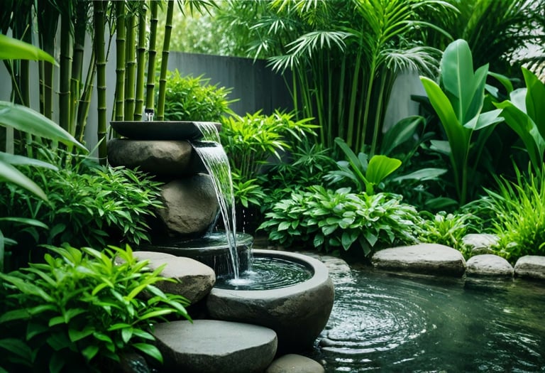 A serene backyard zen garden featuring a stone tiered waterfall, lush bamboo, and tropical green plants.