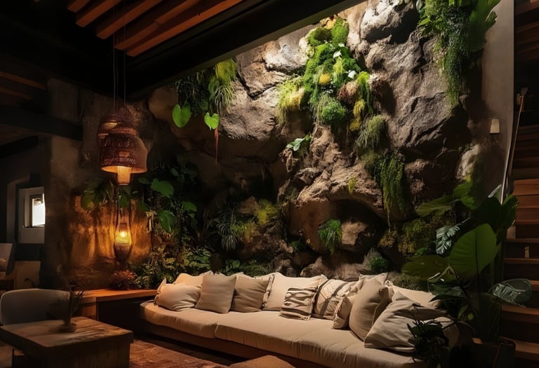 Modern lounge featuring a natural rock wall with indoor plants, moss, and a comfortable white sofa.