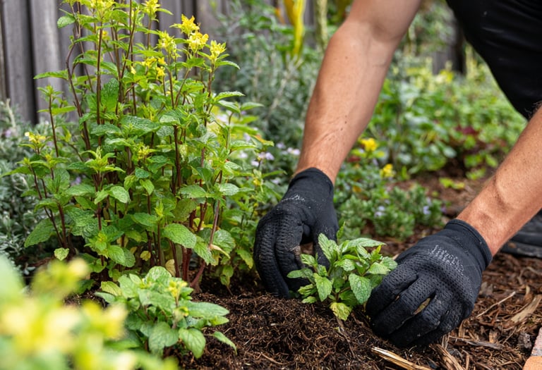 Gardener in black gloves planting mint herbs in a backyard garden with organic mulch.