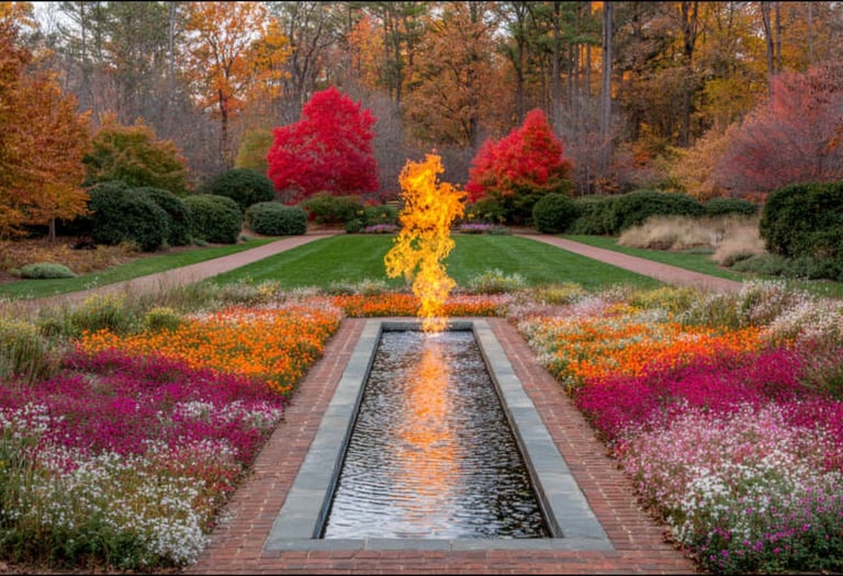 Modern garden fire feature centered over a narrow reflecting pool surrounded by colorful autumn foliage and flowers.
