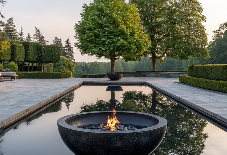 Modern black fire bowl feature centered in a luxury garden reflecting pool with manicured hedges.