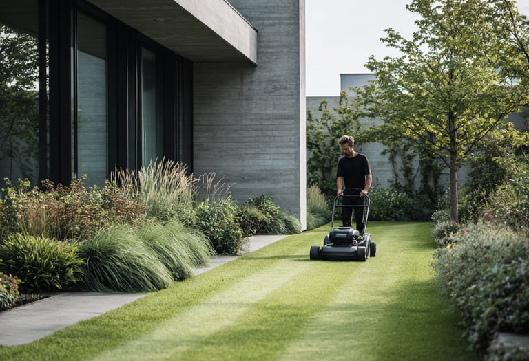 Professional landscaper using a lawn mower to create stripes on a lush green yard outside a modern home.
