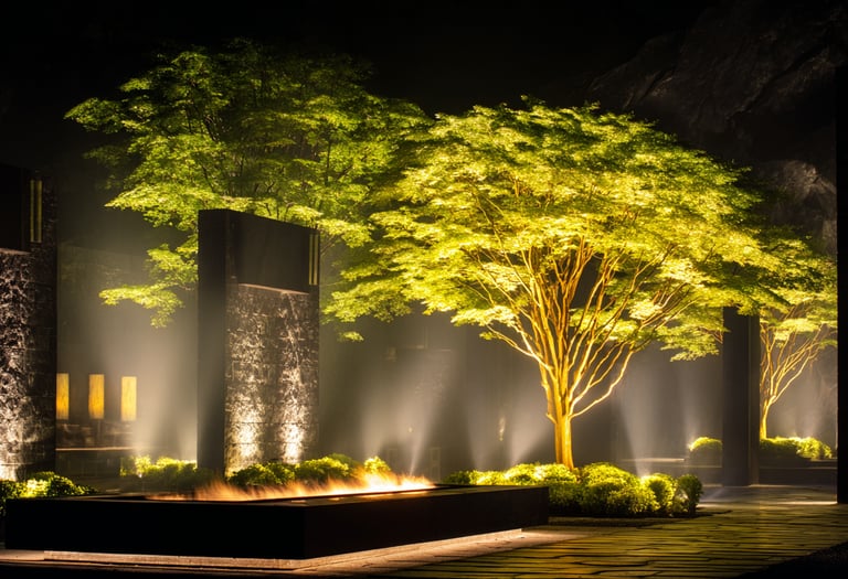Illuminated modern landscape design featuring backlit trees and a linear fire pit at night.