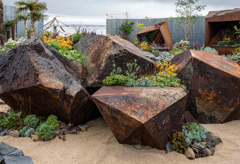 Modern desert garden design featuring geometric rusted steel sculptures and succulents in a xeriscape landscape.