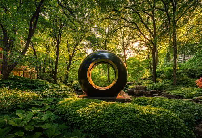 Modern circular ring sculpture in a lush green garden forest with sunlight filtering through the trees.