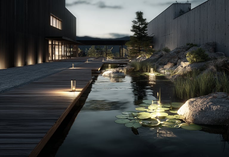 Modern architectural courtyard with wooden boardwalk, pond with water lilies, and luxury evening lighting.