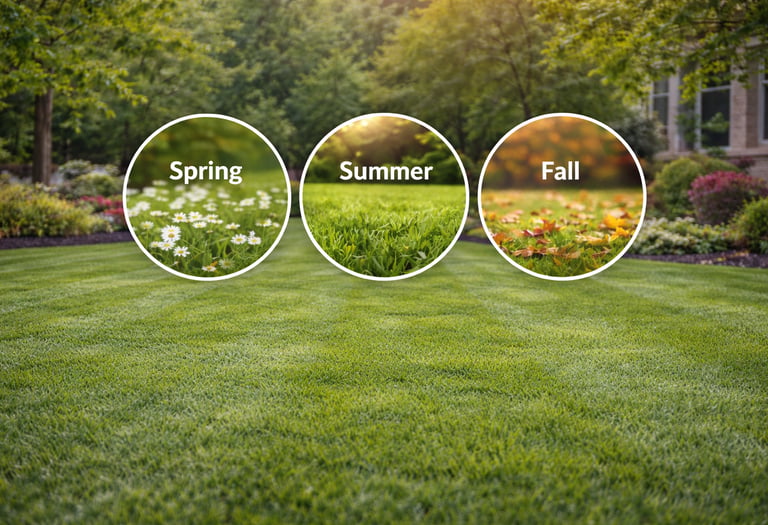 Seasonal lawn treatment program in NC showing spring, summer and fall lawn conditions for year