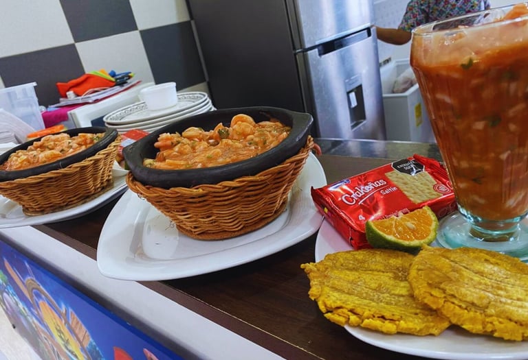 Cazuela de Camaron, cevique , restaurante Magangue Altavista, Quimbaya Quindio