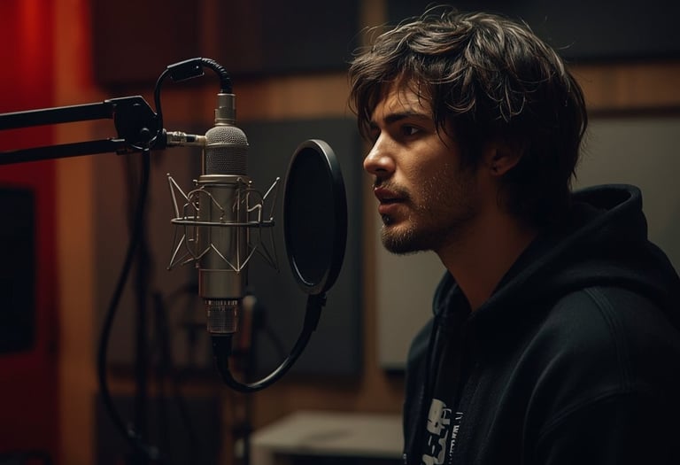 Artista a gravar num estúdio de rap no Porto