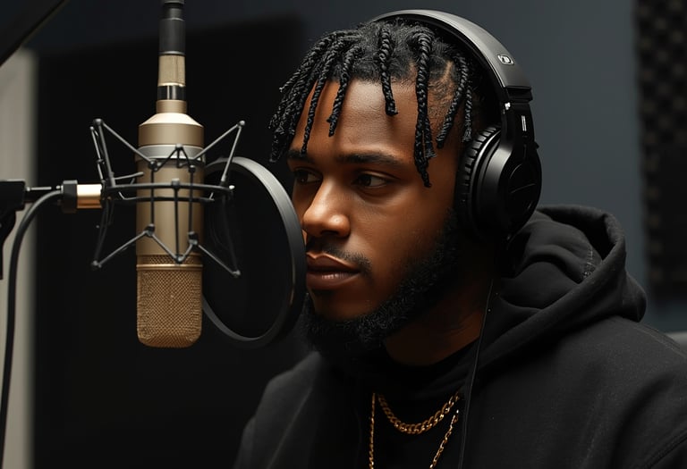 Produção musical rap profissional em estúdio com artista underground criando música