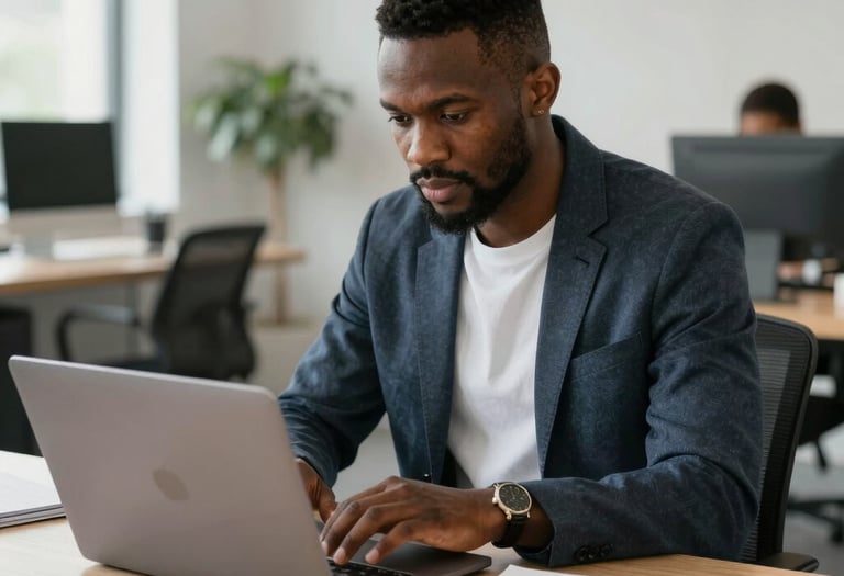 A professional male influencer reviewing campaign details on a laptop in a modern office.