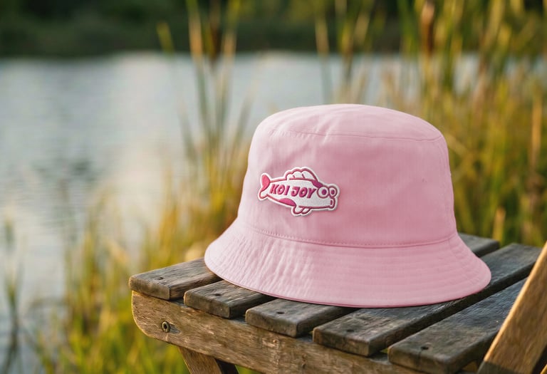 Pink bucket hat with KOIJOY patch representing local creation and independent design