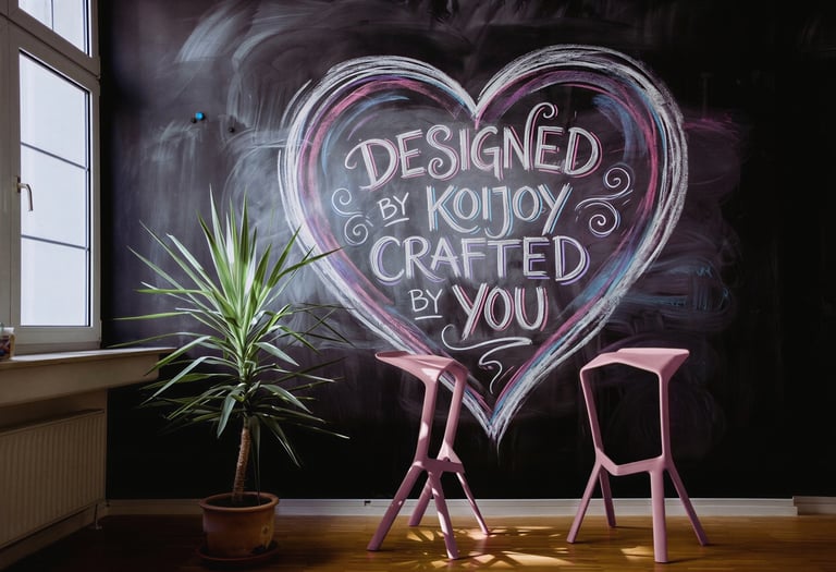 Design studio interior with sketch wall reading “designed by KOIJOY — crafted by you”